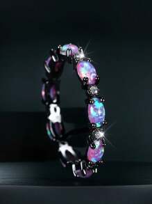 1pc Full Circle Handmade Black Gun Plating Women's Ring With Artificial Opal Inlay, Daily Wearing Ring