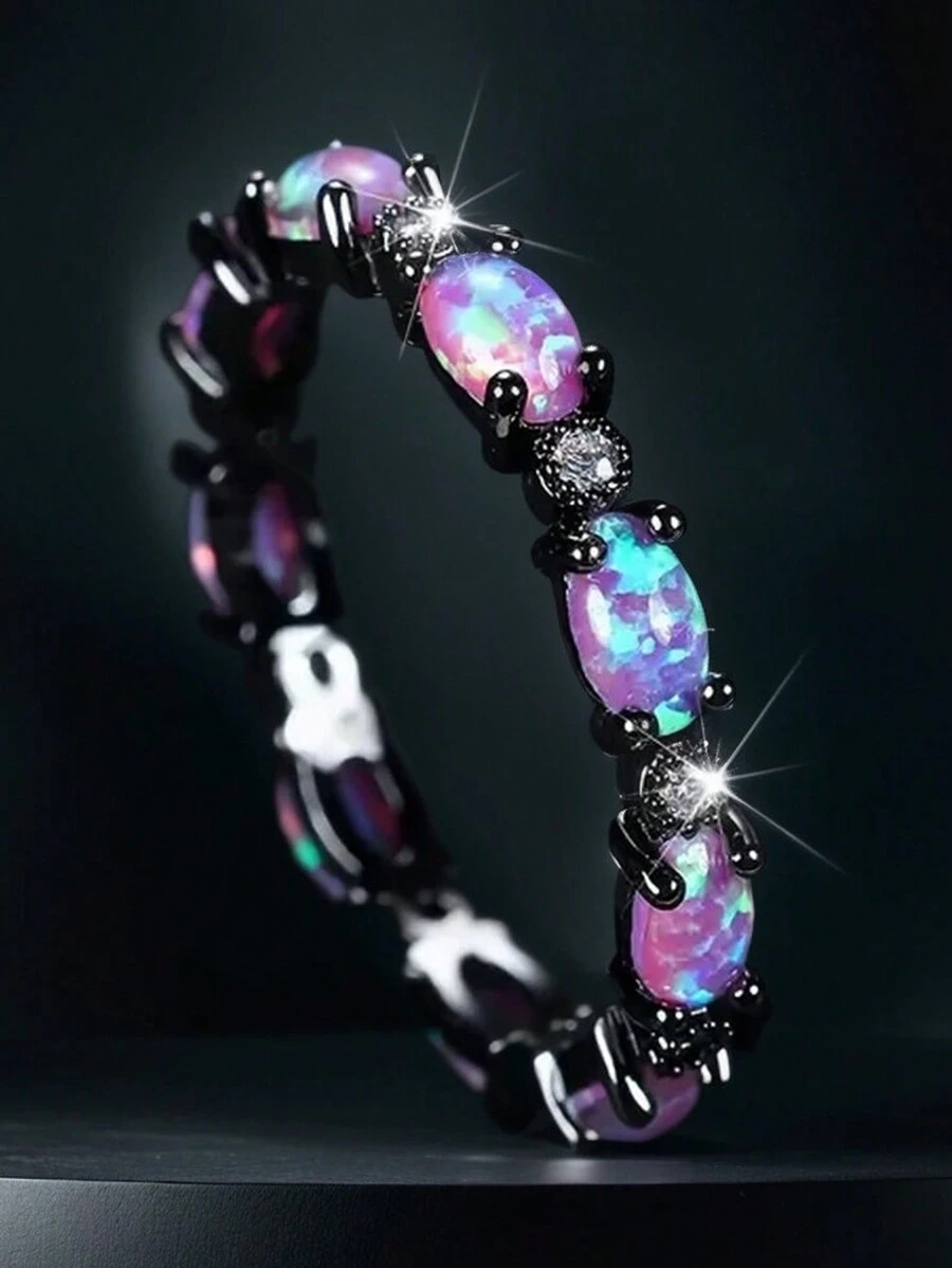 1pc Full Circle Handmade Black Gun Plating Women's Ring With Artificial Opal Inlay, Daily Wearing Ring