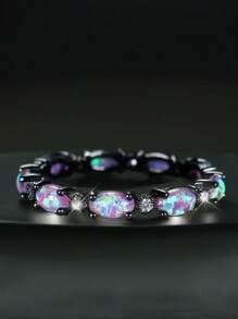 1pc Full Circle Handmade Black Gun Plating Women's Ring With Artificial Opal Inlay, Daily Wearing Ring