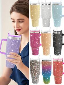1pc 40oz Bling Travel Mug With Handle For Car, Rhinestone Decor - Gold - View 2