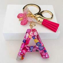 1pc Women's Initial Keychain With Pink Resin Letter, Rhinestone & Butterfly Pendant For Bag/Purse Boho - Hot Pink - View 20