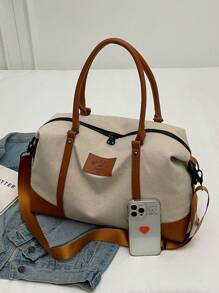 Fashionable Color Block Large Capacity Handbag Shoulder Bag Casual Tote Bag For Short Trip Travel Gym Versatile Zipper Closure Vintage Travel Bag For Women - Khaki - View 9