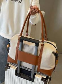 Fashionable Color Block Large Capacity Handbag Shoulder Bag Casual Tote Bag For Short Trip Travel Gym Versatile Zipper Closure Vintage Travel Bag For Women - Khaki - View 8