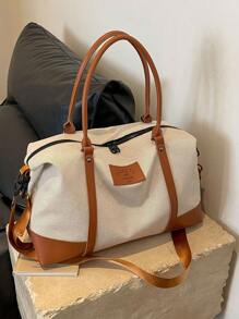 Fashionable Color Block Large Capacity Handbag Shoulder Bag Casual Tote Bag For Short Trip Travel Gym Versatile Zipper Closure Vintage Travel Bag For Women - Khaki - View 7