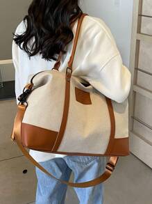 Fashionable Color Block Large Capacity Handbag Shoulder Bag Casual Tote Bag For Short Trip Travel Gym Versatile Zipper Closure Vintage Travel Bag For Women - Khaki - View 4