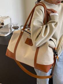 Fashionable Color Block Large Capacity Handbag Shoulder Bag Casual Tote Bag For Short Trip Travel Gym Versatile Zipper Closure Vintage Travel Bag For Women - Khaki - View 5