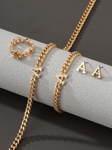 1條金屬時尚經典厚鍊字母吊墜項鍊,1個手鐲,1只戒指,1對耳環套裝 - 金黃色 - 查看 5