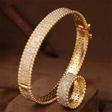 Set de 2 piezas de pulsera y anillo de circonita cúbica de círculo completo para mujer con estilo nupcial