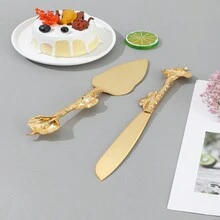 Wedding New Heart Design Knife & Spreader Set For Home Baking, Perfect For Celebrations & Cake Serving - Gold - View 4