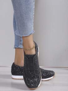 2024年新款女士大尺碼滑板平底運動鞋,閃光裝飾帆布鞋 - 黑色 - 查看 1