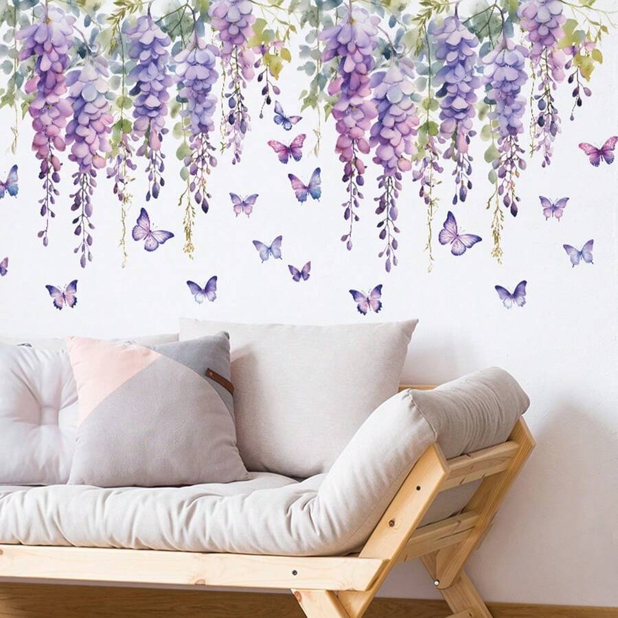 2PCS Plants Flower Vine Wall Stickers , PVC Hanging Vine Purple Floral