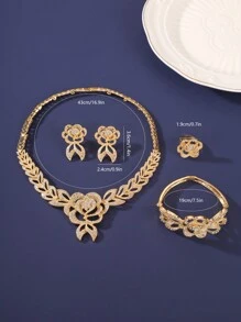 5入組婚禮珠寶套裝14k鍍金新娘婚約派對優雅的鑽石花項鍊手鐲可調節戒指蝴蝶結耳環女士配戴 - 金黃色 - 查看 9