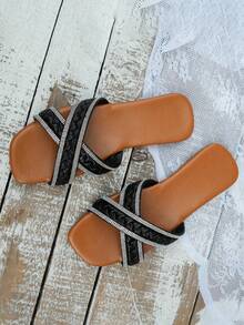 2024 夏季新款女用交叉編織帶羅馬沙灘涼鞋 - 黑色 - 查看 4