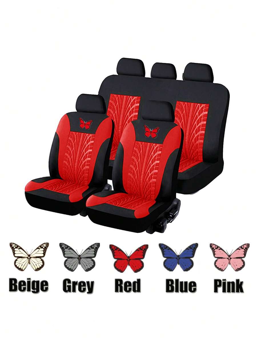 5 Seats Full Set Universal Car Seat Covers, Made Of Polyester Fabric With 4mm Sponge And Compression Technique, With Iron-On Butterfly Pattern, Multiple Colors Available. Suitable For Small And Medium-Sized Cars. - Red - View 1