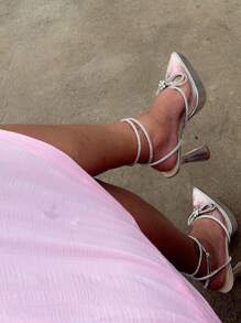 Women's Rhinestones Bow Knot Platform Heeled Sandals Ankle Strap Pointed Toe Stiletto High Heels Fashion Dress Shoes - 銀A - 查看 2
