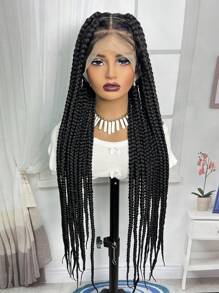 Full Double Lace Braid Wig  Full Lace Wig  36" Box Braided Wigs Lace Front Knotless Box Braids Lace Frontal Wig For Women Synthetic Black Hand Embroidery Full Double Lace Braid Wig With Baby Hair - Black - View 4