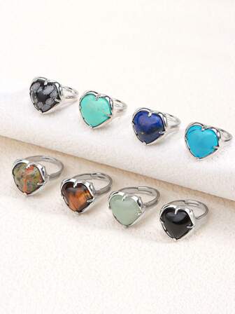 1 pièce Bague en forme de cœur en pierres naturelles pour femmes et hommes, couleur argent, cristaux, améthyste, œil de tigre, quartz rose, opale. Bague ajustable pour fiançailles, mariage, bijoux cadeau G691