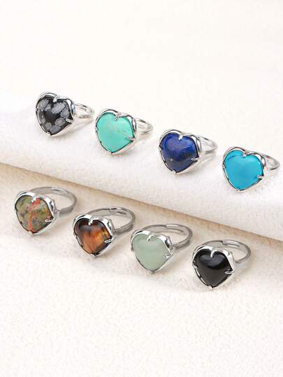 1pc Heart Shape Natural Stones Ring For Women Men Silver Color Cyrstals Amethyst Tiger Eye Rose Quaratz Opal Adjustable Finger Rings Engagement Wedding Bridal Jewelry Gift G691