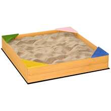 Sabbiera per Bambini da 4 Posti in Legno di Abete con Design senza Fondo e Fodera Rimovibile, 109x109x19.8 cm, color Legno - Giallo - Visualizzare 5