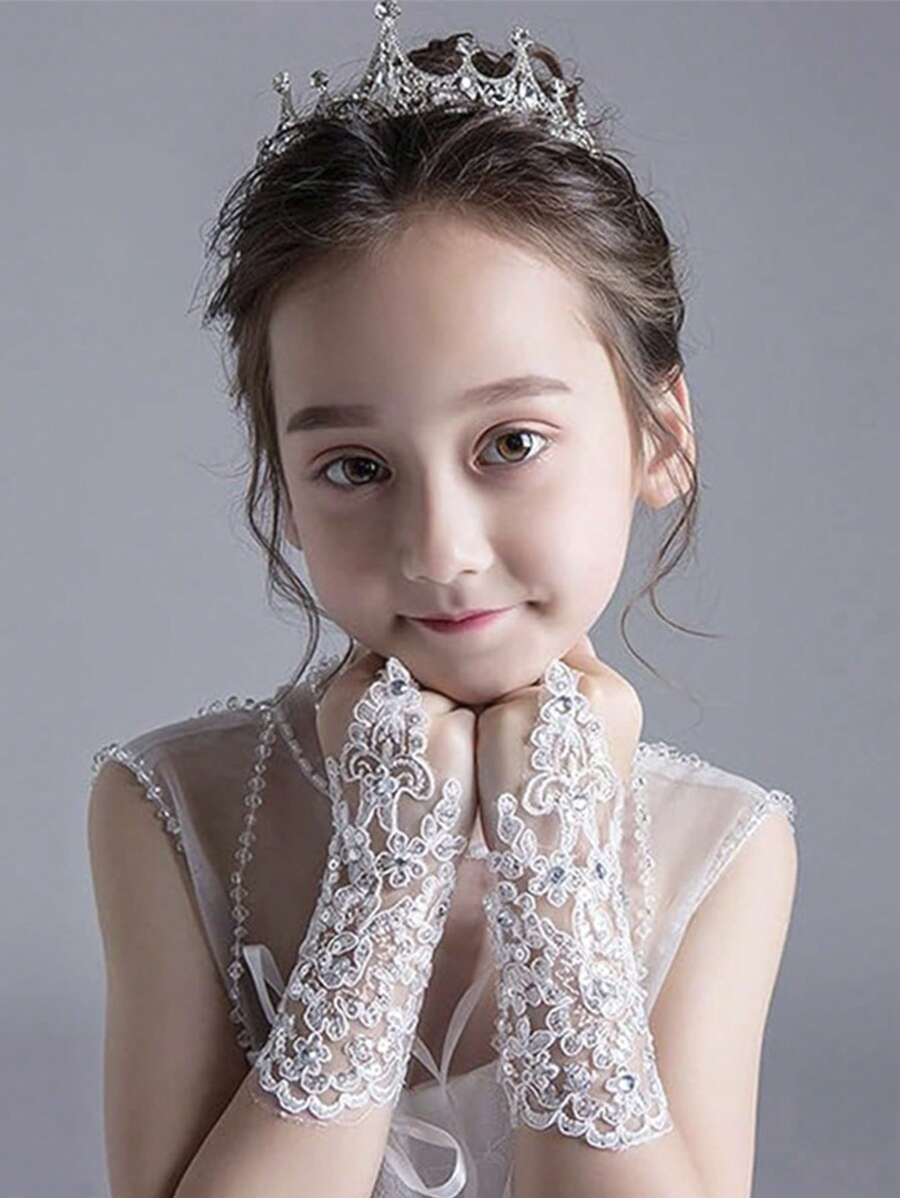 1pair Flower & Lace Princess Gloves For Girls, Wedding Accessories, Children Performance Fingerless Gloves - White - View 1