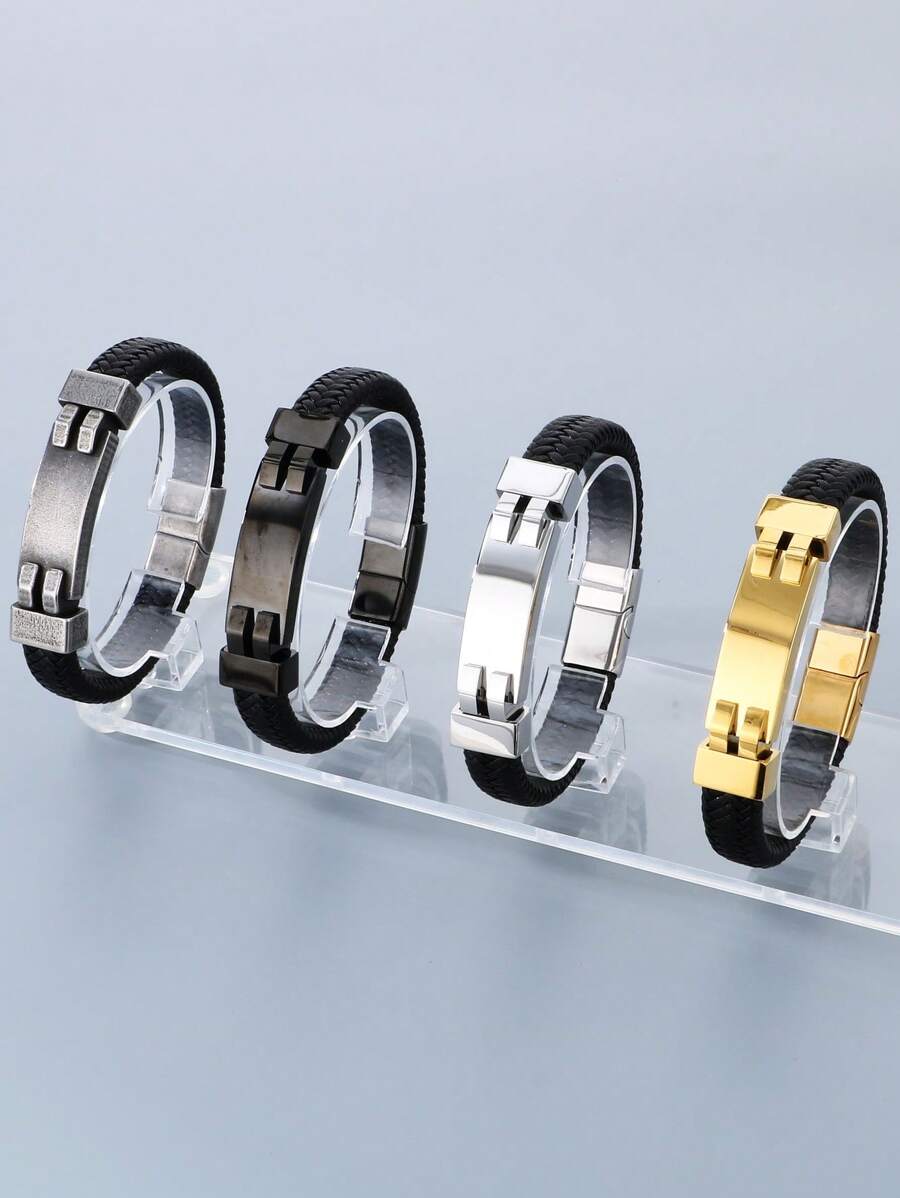 1 Miếng Nam Thép không gỉ Uốn cong Đĩa Và Da Trang trí Cá nhân hóa Vòng tay - vòng tay da - Xem 1