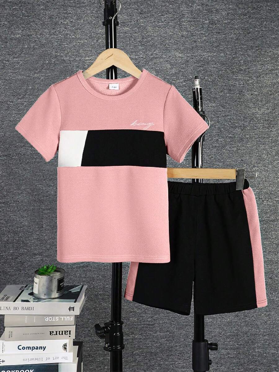 Purechapter Tween Boy Casual 2 Pieces Set, 3-Color Patchwork Crew Neck Short Sleeve Top And Sports Shorts