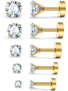 JewelrieShop Pendientes de acero inoxidable con parte posterior plana, longitud del poste de 6 mm, 3 mm-7 mm de circonita cúbica, 5 pares, cristal - Pendientes cartílago unisex