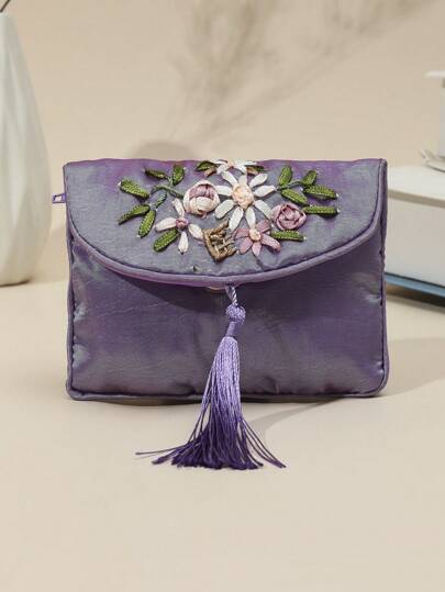 محفظة نسائية مطرزة بطراز قديم ذات سحاب وسعة كبيرة، مطرزة بزهور ملونة، حقيبة تخزين مجوهرات محمولة، محفظة نسائية ذات نقش زهرة الخبيزة، محفظة صغيرة محفظة نقود