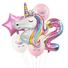 Nuevo conjunto de globos con número degradado de unicornio colorido, decoración de fiesta de cumpleaños con tema de unicornio globos de papel de aluminio - Multicolor - Ver 4