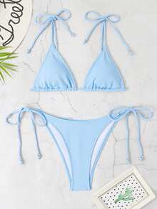 2023 Neue europäische und amerikanische sexy Bikini-Sets in einfarbig, Damen Bikinis für Sommer und Strand - Blau - Übersicht 4