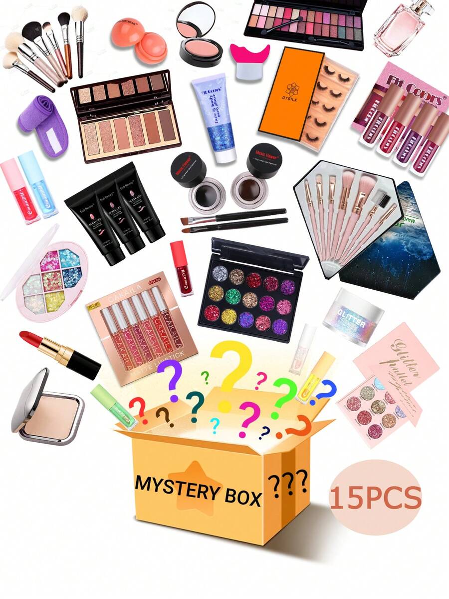 SURPRISE Makeup BOX, MYSTERY BOX MAKEUP The Makeup Products Included Are Eye Shadow, Eyebrow Pencil, Blush, Eyeliner, Mascara, Lipstick, Lip Liner, Cream Makeup Base, Powder, Foundation Makeup, Loose Powder And Much More. - 15PCS - View 1