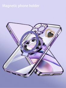 新款电镀闪粉透明外壳隐形支架磁吸指环手机壳，电镀工艺防摔手机壳 + 全套手机壳，兼容 7/8/X/XS/XR/11/12/13/14/15 Pro Max、S22/S23/S24+、A04/A05/A14/A15/A24/A25/A34/A54，兼容 OPPO、VIVO、Redmi Note 11/12/13C，DIY 爱心款兼容 Moto/OPPO/VIVO/HONOR X6/X7/X8/X9/X5/AB，国际版，非国内版 - 紫色 - 查看 1