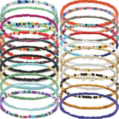 24入組波西米亞風格玻璃珠鏈腳鍊,適用於海灘旅行,diy手工彈性帶材,可調節女式足部珠寶