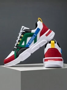 男士字母图案撞色系带运动面料厚底运动鞋，户外高帮运动鞋