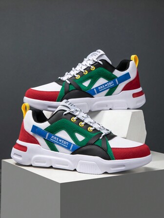 男士字母图案撞色系带运动面料厚底运动鞋，户外高帮运动鞋