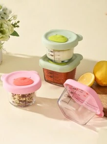 1pc Glass Baby Food Container With Scale Markings, Lid, Cute Bear Design, Transparent Fresh-Keeping Tub For Children - Green - View 1