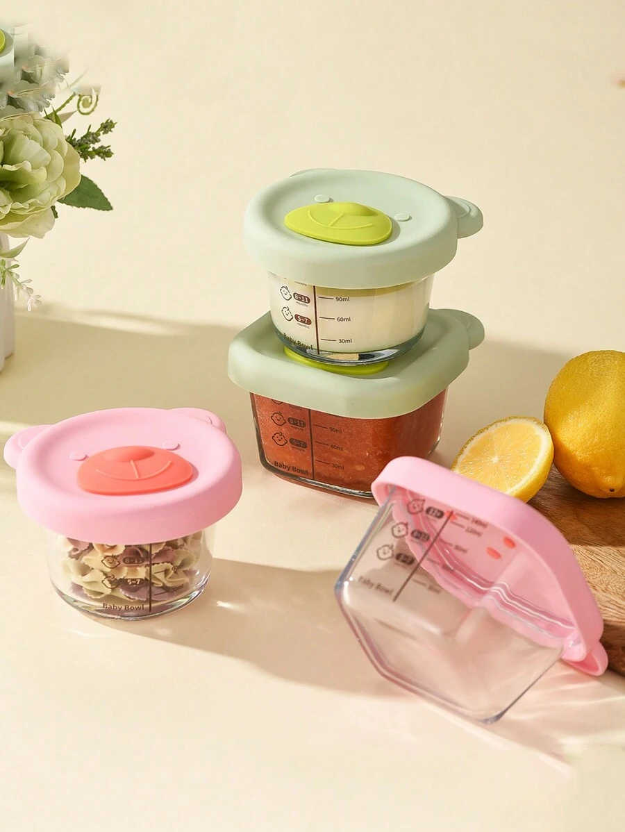 1pc Glass Baby Food Container With Scale Markings, Lid, Cute Bear Design, Transparent Fresh-Keeping Tub For Children - Green - View 1