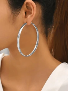 1pair Classic Simple Silver Large Diameter Hoop Earrings - Silver - View 1