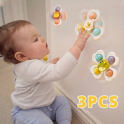 3pcs/Set Children's Cartoon Animal Petals Shape Suction Cup Gyro Toy, Fun And Attractive Gift