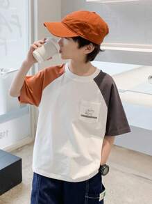 zosee Summer Young Boy Color Blocking Dinosaur & Letter Print Short Sleeve T-Shirt With Front Pocket