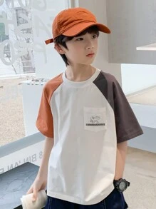 zosee Summer Young Boy Color Blocking Dinosaur & Letter Print Short Sleeve T-Shirt With Front Pocket