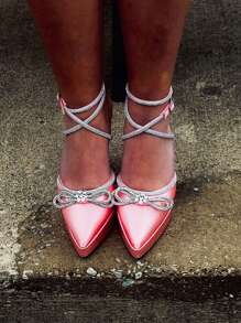 Women's Rhinestones Bow Knot Platform Heeled Sandals Ankle Strap Pointed Toe Stiletto High Heels Fashion Dress Shoes - Pink - View 2