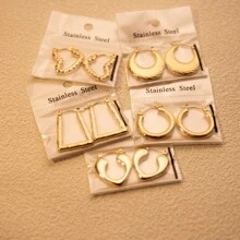 5對簡約不銹鋼圓形/方形/扭結油壓環耳環套裝 - 金色 - 查看 24