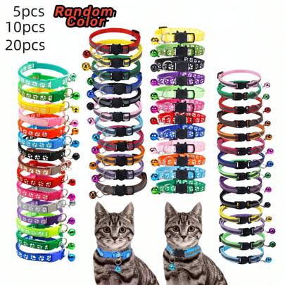 5/10/20pcs Random Colored Polyester Cat Buckle Reflective Paw Print Pattern Adjustable Pet Cat & Dog Collar With Clear Bell, Suitable For Cat & Dog Neck
