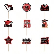 9入組畢業主題蛋糕裝飾釘,適用於大學和高中畢業派對裝飾 - 彩色 - 查看 13