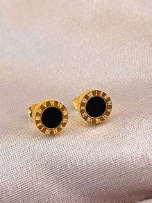 6pcs/Set Stainless Steel Small Round Earrings Embedded With Roman Numerals & Rhinestone, Suitable For Daily Wear