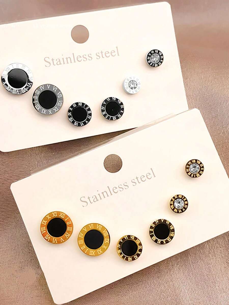 6pcs/Set Stainless Steel Small Round Earrings Embedded With Roman Numerals & Rhinestone, Suitable For Daily Wear