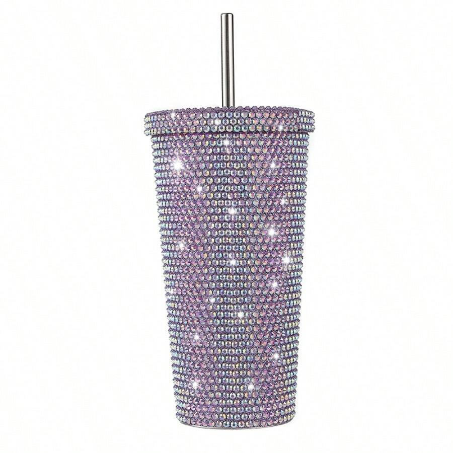 1pc 500ml Rhinestone Inlaid Stainless Steel Insulated Cup With Straw, Double-Layer Vacuum Water Bottle, Creative Handmade Portable Cup With Bling Suitable For Car, Office, Home, Gifts