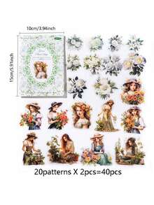 40入組復古精美歐式玫瑰和百合貼紙,適用於diy剪貼簿,日誌,裝飾 - 彩色 - 查看 2