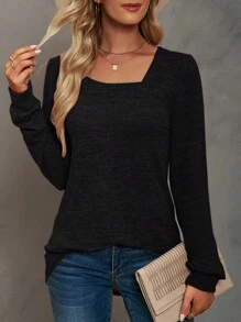 Women Tunic Tops Long Casual Sleeve T Shirts Loose Fit Pullover Blouses Square Neck For Fall Spring Puff Sleeve Sweathirts - 黑色 - 查看 3